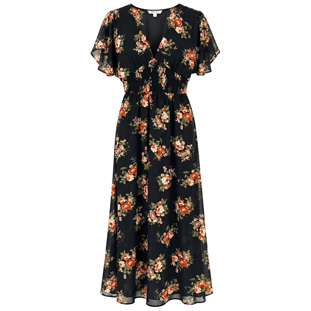 Favlux Floral Maxi Dress Women S Black Rust Rose Smocked Waist Boho Cottagecore